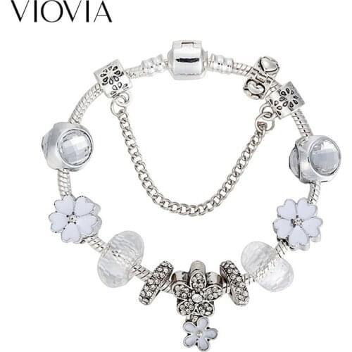 VIOVIA Luxury Crystal Flower Charm Beads Charms Bracelet & Bangles For Women Wonder Fantastic Jewellery Pulseira Feminina B17108