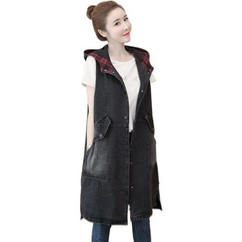 Hooded Denim Vest Sleeveless Spring Mid-Length Loose Wild Large Size Womens Waistcoat Jeans Shirt Top Korean Jacket Factory Hot