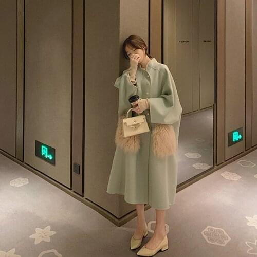 Ladies Real Wool Coat 2021 Winter New Retro Loose Casual Single-breasted Clothes Long Jacket with Luxury Fox fur Pocket Femme