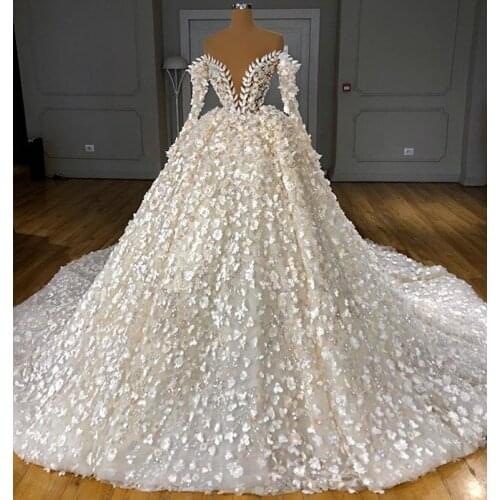 Fairy 3D Floral Pearls Ball Gown Wedding Dress 2020 Sexy Deep V Neck Long Sleeve Wedding Bridal Gowns Robe De Mariee