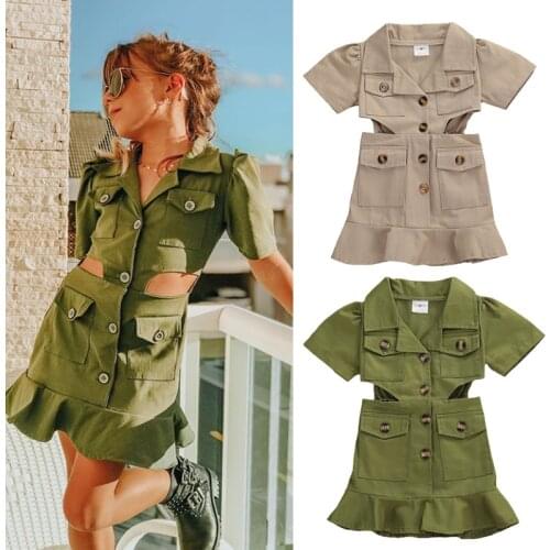 2020 Fashion Summer Kids Girls Dress 2-7Y Solid Button Pocket Turn Down Collar A-Line Mini Dress 2 Colors