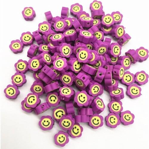 30pcs10mm Purple Smiley Face Sunflowe Beads Polymer Clay Spacer Loose Beads for Jewelry Making DIY Handmade Bracelet Accessories