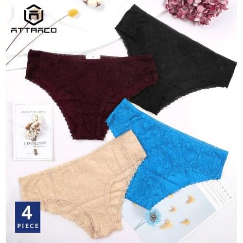 ATTRACO Womens Lace Hipster Underwear V String Panties Tanga Briefs solid Cotton soft skin-friendly comfortable Strech 4 Pack