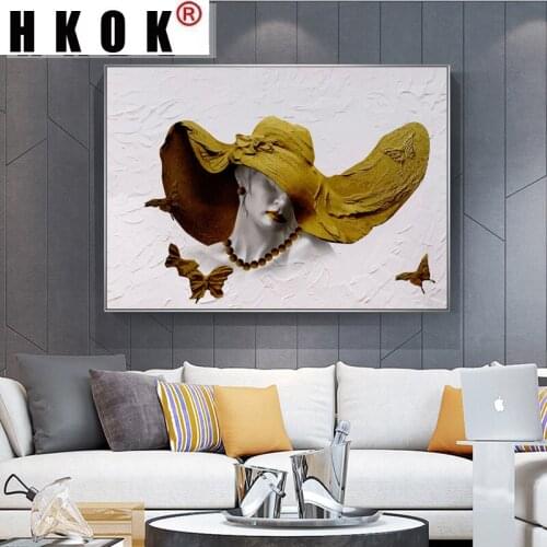 HKOK Abstract Woman Hat Cap Poster Wall Art Pictures For Living Room Sofa Canvas Painting Statue Posters And Prints Home Decor