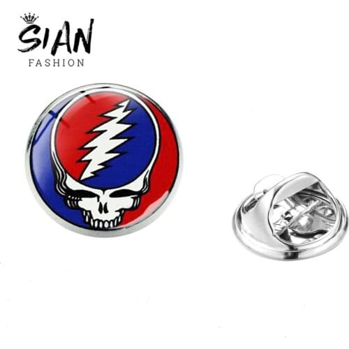 SIAN Rock Band Stainless Steel Brooches Hip-Hop Popular Grateful Dead Band Logo Glass Gem Collar Pin Trendy Gothic Jewelry Hot