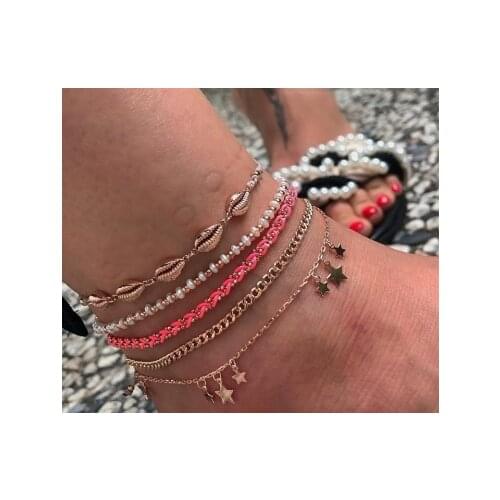 Docona 5pcs/set Gold Color Shell Star Anklet Set for Women Charms Handmade White Beaded Foot Chain Female Beach Jewelry 10223