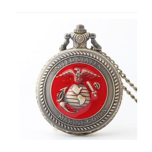 Red Dial Bronze Retro United States Marine Corps Quartz Pocket Watches For Mens FOB Chain Sculpture Unique Fashion Pocket Watch
