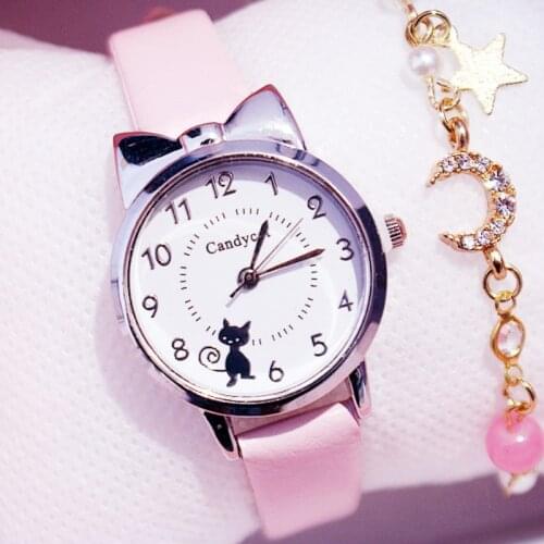 Children Leather Strap Quartz Electronic Watch Girl Elementary School Student Women Cat Clock Pink Small Cute Watches Gift reloj