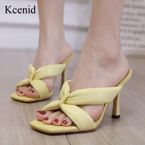 Kcenid Elegant Women Party Dress Shoes Yellow Blue PU Leather Slippers Summer Square Toe Sandals Slides Fashion High Heels Pumps