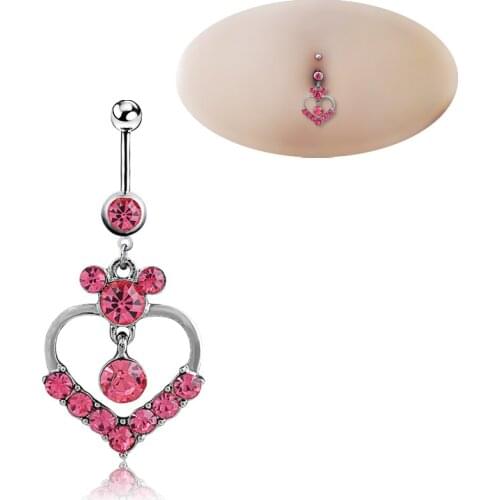 Red AAA Crystal Heart Belly Button Rings Piercing Body Jewelry Medical Steel Dangle 16 Gauge Dangle Navel Rings