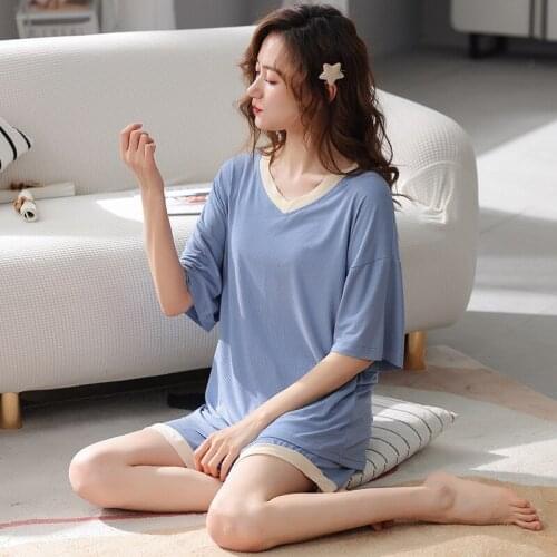 M-3XL New Pajama Sets For Women Short Sleeve V Neck Sleepwear Casual Plus Size Modal Ladies Summer Pyjamas Suit Pijama Mujer