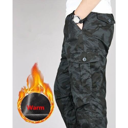 Winter Mens Windproof Cargo Pants Warm Thick Fleece Trousers Double Layers Multi Pockets Casual Tactical Baggy Camouflage Pants