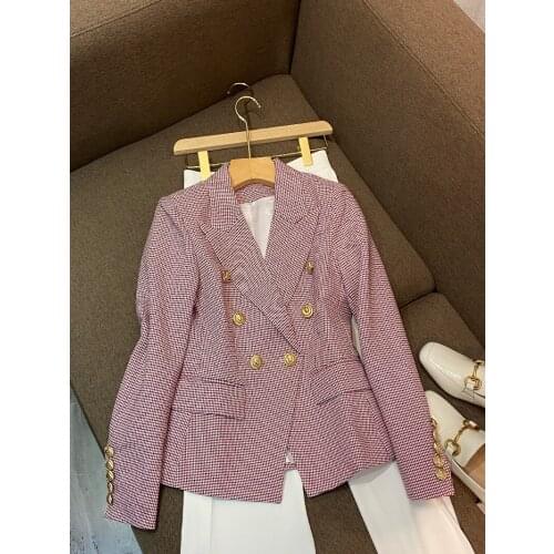 2021 New Womens Suit Fashion Double Brestra Lion Head Buckle Small Broken Grid Houndstooth Slim High Quality Suit Jacket O106