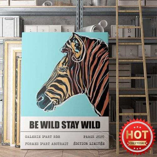 Be Wild Stay Wild Poster, Blue Background Zebra Abstract Lines Art Prints, Modern Art Animal Portrait Painting Home Wall Decor
