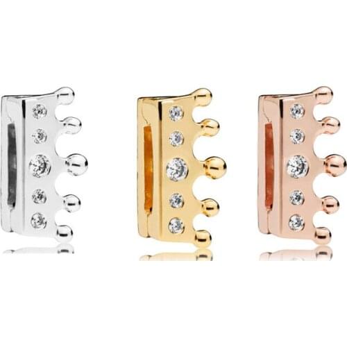 Princess Crown Clip Pave Stones Crystal Beads for Charm Bracelet Reflexions Style 925 Sterling Silver Beads for Jewelry Making