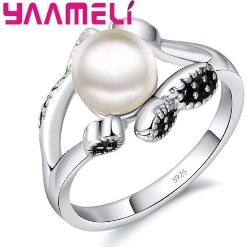 Retro Antique Solid 925 Sterling Silver Promise Ring with Ball Round Pearl Jewelry for Beauty Lady Girls Christmas Gift
