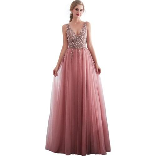 Custom Made V-Neck Sleeveless Evening Dresses Heavy Beaded Pink Evening Gowns