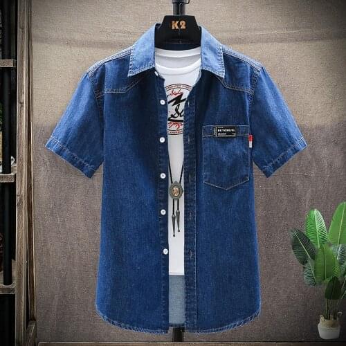 Denim Shirt Men Cotton Jeans Shirt Fashion summer Slim Short Sleeve Cowboy Shirt Stylish Wash Slim Tops Asian Size 3XL