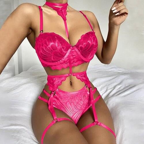 Sexy Bra And Panties Set Lingerie Red Lace Transparent Underwear Erotic Garter Brief Sets Intimates Porno Costumes Sleepwear