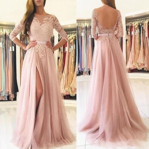 SuperKimJo Dusty Pink Prom Dresses Long Sleeve Lace Applique Elegant Cheap Prom Gown Robe De Soirée De Mariage