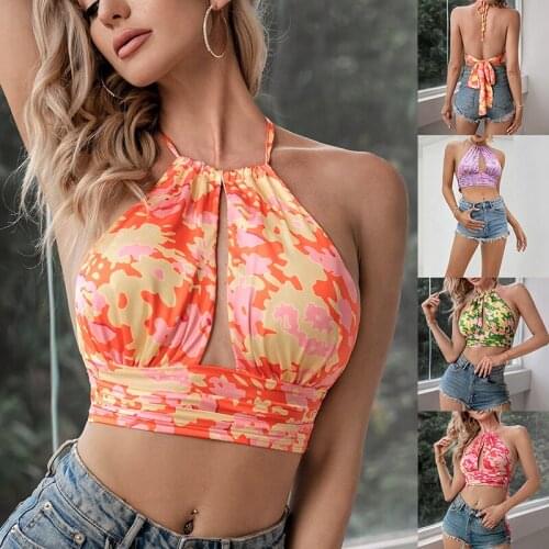 Women Halter Crop Tops Female Summer Sexy Sleeveless Backless Floral Print Hollow Out Camisole Orange Pink Green Purple