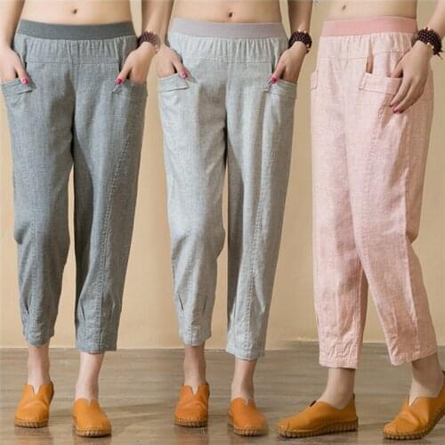IOQRCJV Spring Summer Thin Women Pants High Waist Plus Size Loose Solid Ankle-Length Pants Cotton Linen Middle-aged Casual Pants