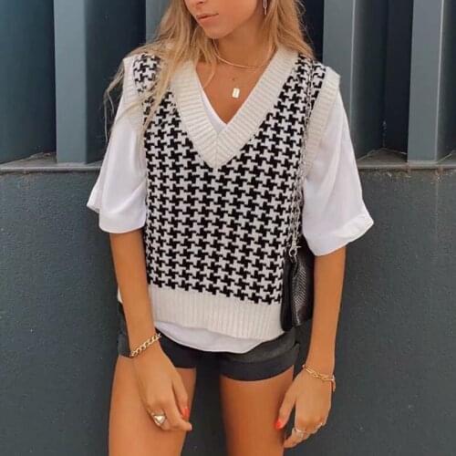 PUWD Vintage Women Houndstooth Knitted Sleeveless Sweater 2020 Fashion Ladies Autumn V Neck Vest Female casual Top
