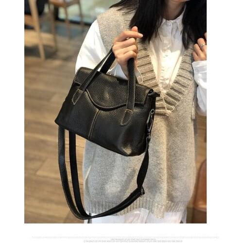 2019Retro Black Women Handbag 100% Genuine Leather Lady Casual Tote Fashion Female Crossbody Messenger Purse Brown Shoulder Bag