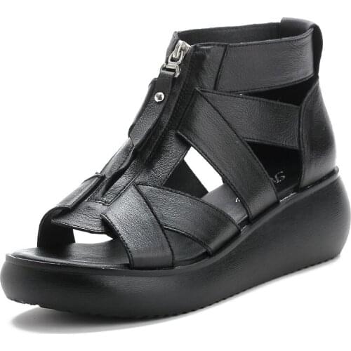 Woman Wedges Sandals 2021 Peep Toe Front Zipper Gladiator Sandals for Women Genuine Leather Casual Platform Sandals Summer Shoes