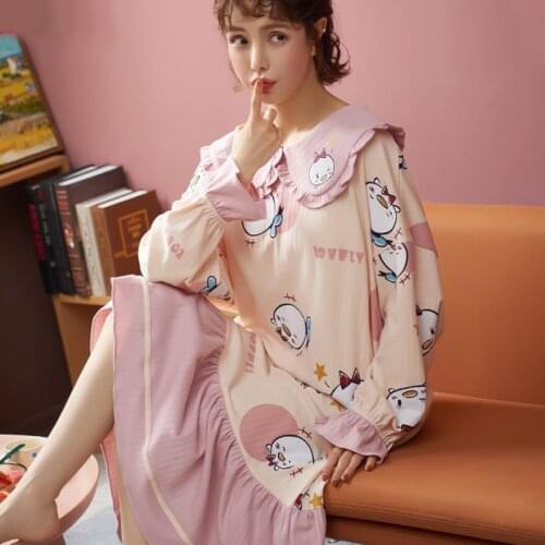 Women Nightgowns 2021 New Spring And Autumn Cotton Female Nightdress Fashion Long-Sleeve Sleepwear Teenager Girl Cartoon Q07
