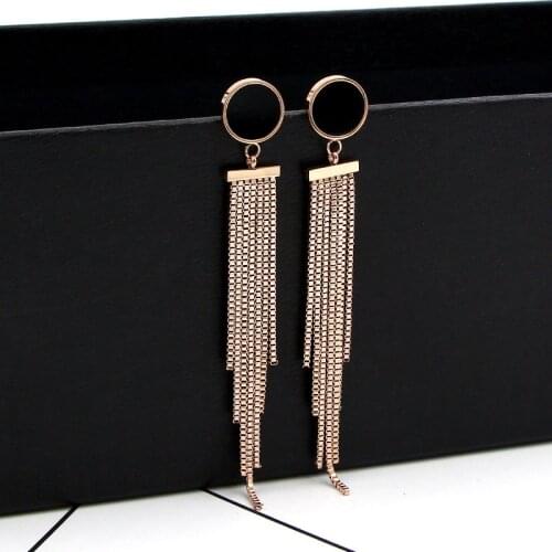 Fashion Brand Rose Gold Color Love Tassel Chain Long Black Round Drop Earrings Stainless Steel Women Party Wedding Gift