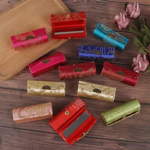 Women Lipstick Case Retro Embroidered Flower Designs With Mirror Packaging Lip Gloss Box Jewelry Storage For Wedding Gift