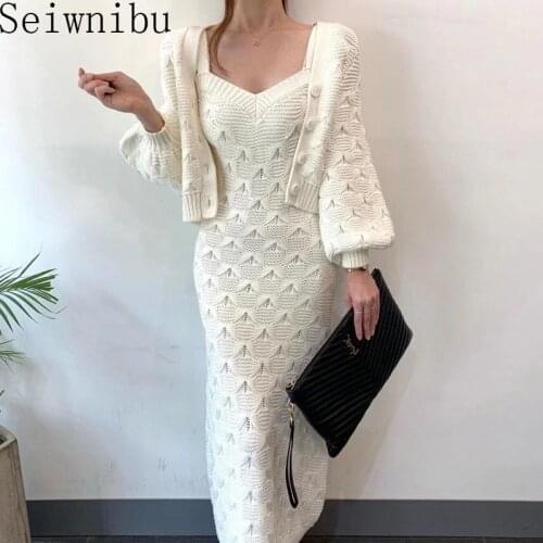 Korean 2 Piece Set Chic Single Breasted Lantern Sleeve Knitted Cardigans Coat + Solid Color Sexy Camis Dress Women Suit