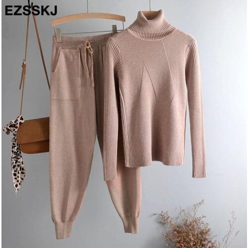 Turtleneck sweater 2 Pieces Set 2020 women chic Knitted Pullover top + Sweater pants Jumper Tops+ trousers sweater suits