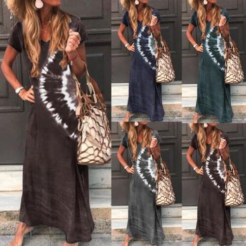 Dress Women Long Dresses Summer Women Casual V Neck Short Sleeve Glare Print Large Hem Beach Loose Long Dress Casual Dresses