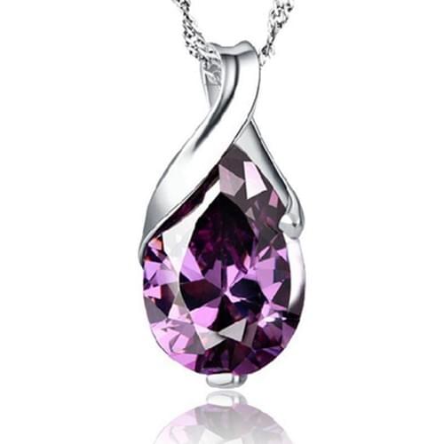 Enes Store Silver Purple Cubic Zirconia Water Drop Women Necklace