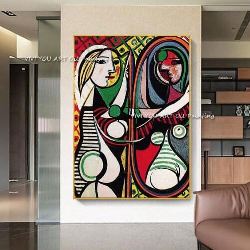 100% Handmade Abstract Mirror Girl Classic Picasso oil painting Portrait for Living Room Home Hotel Decoration Large Size Canvas
