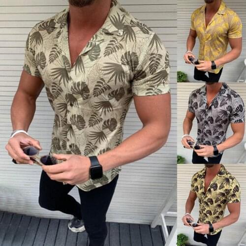2020 Summer Solid Casual Men T-Shirt Men Fashion Short Sleeve Turn Down Collar Blouse Leaves Print Button Slim Shirt