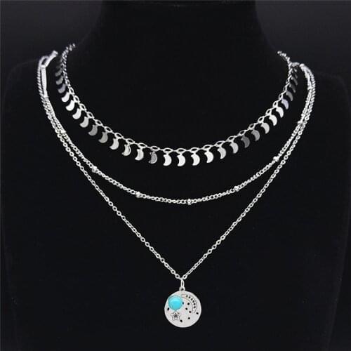 2021 3PCS Sun Moon Star Stainless Steel Stone Boho Silver Color Layered Necklace Chain Jewelry collier inoxydable NXS04