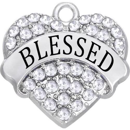 5 pcs/lot Crystal Inlaid Heart Pendant BLESSED Word Charm for Men and Women Love Jewelry DIY
