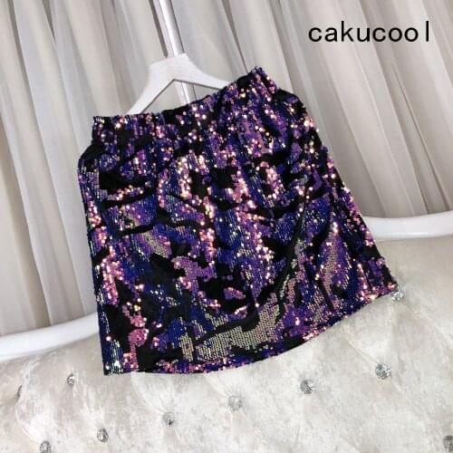 Cakucool New Sequined Short Skirt Beading Shiny A-line Skirt High Waist Colorful Sequins Luxury Runway Mini Skirts Party Club