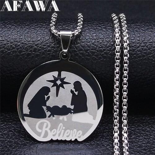Easter Nativity Wooden Manger Creche Star Moon Stainless Steel Bells Chain Necklace Jewelry chaine acier inoxydable N2234S02