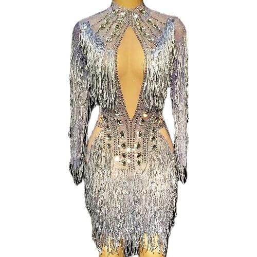 Sparkly Rhinestone Mini Dress Glitter Fringes Women Dress Nightclub Stage Performance Costume Birthday Celebrate Party Show Wear