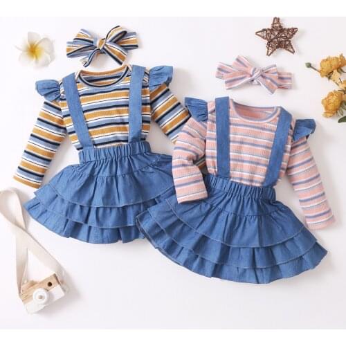 3Pcs Baby Girl Skirt Dress Set Infant Kids Clothing Striped Romper + Ruffle Denim Suspender Skirts Newborn Girl Clothes