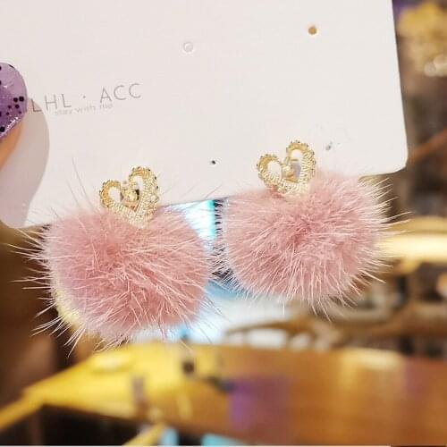 Korean Fashion Cute Pink Blue White Fluffy Ball Drop Earrings For Women Trendy Metal Heart Statement Dangle Earring Jewelry Gift