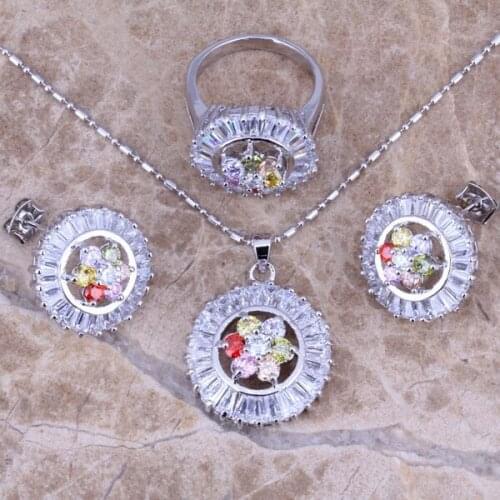 Royal Multicolor Yellow Cubic Zirconia Silver Plated Jewelry Sets Earrings Pendant Ring Size 6 / 7 / 8 / 9 / 10 Free S0133A