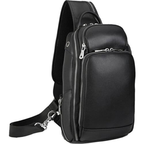 MAHEU Classic Black Leather Chest Bag With USB Function 100% Genuine Leather Chest Packs USB Sling Bags For Men outdoor hiking