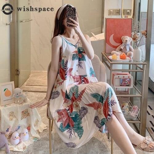 Cotton Silk Nightgown Female Summer New Sexy Beauty Back Bourette Beach Dress Can Be Worn Outside Printing Household to Take