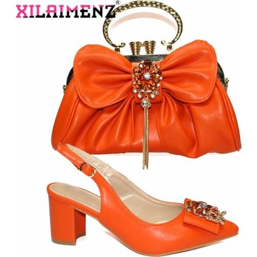 Latest Summer Shoes and Bag Set in Orange Color High Quality INS Hot Selling Nigerian Lady Shoes Matching Bag for Garden Party