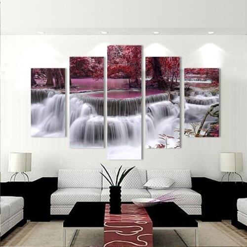 2016 New 5 Panels Modern Wall Decor Landscape Oil Painting on Canvas Mangrove Waterfall